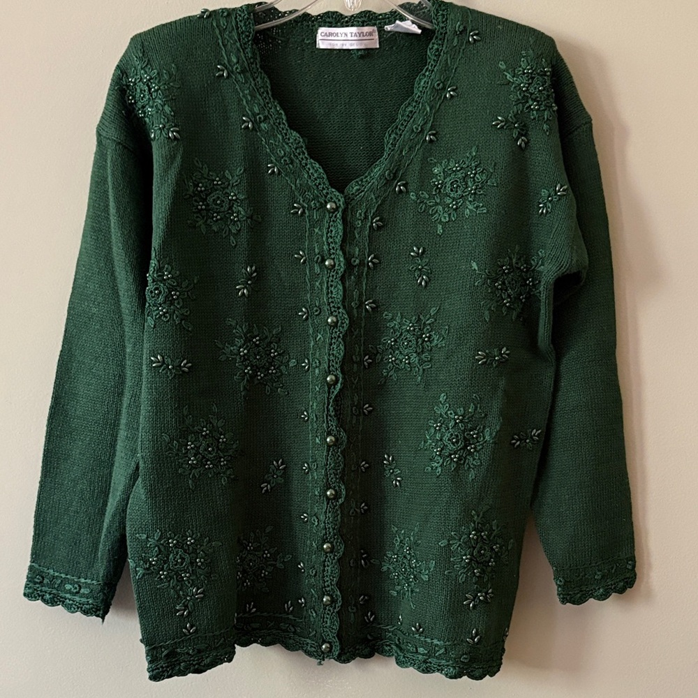 Carolyn Taylor Emerald Green Beaded V-Neck Cardigan